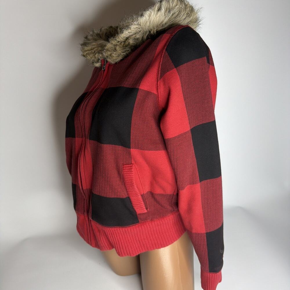American Eagle Y2K Fur Fleece Lined Zip Up Hoodie Red Plaid Grunge Punk Size L - Picture 4 of 11
